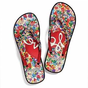 Brighton Posies Sandals Women's Size 7 Red Floral Thong Flip Flops Shoes NWOT